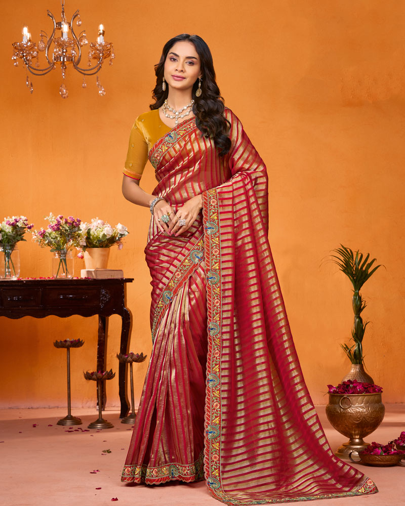 Vishal Prints Dark Red Designer Art Silk Saree With Embroidery-Diamond Work And Cut Work Border