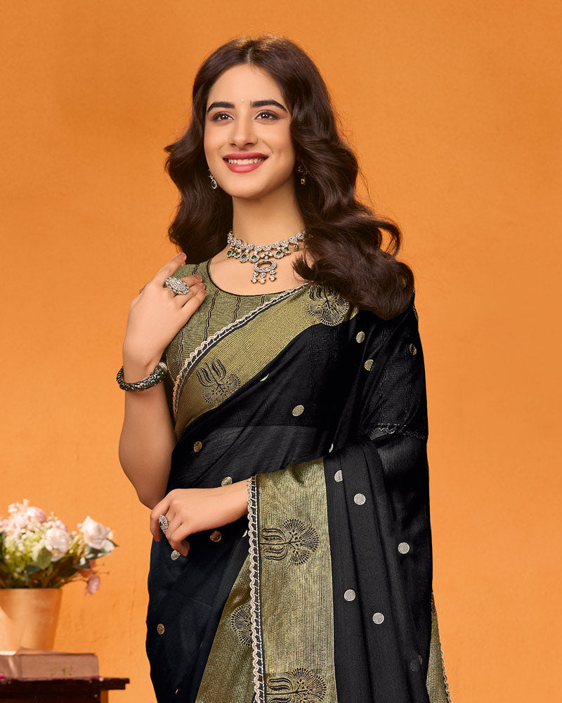 Vishal Prints Midnight Black Designer Chiffon Saree With Embroidery-Diamond Work And Cut Work Border