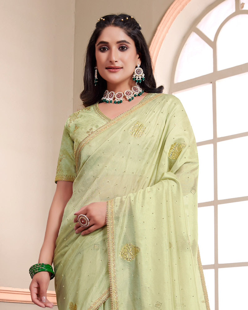 Vishal Prints Pastel Olive Designer Weaving Jacquard Saree With Diamond Work And Fancy Border