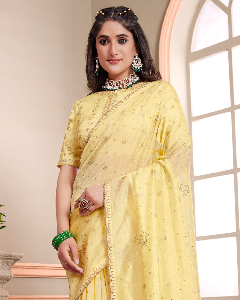 Vishal Prints Pastel Yellow Designer Weaving Jacquard Saree With Diamond Work And Fancy Border