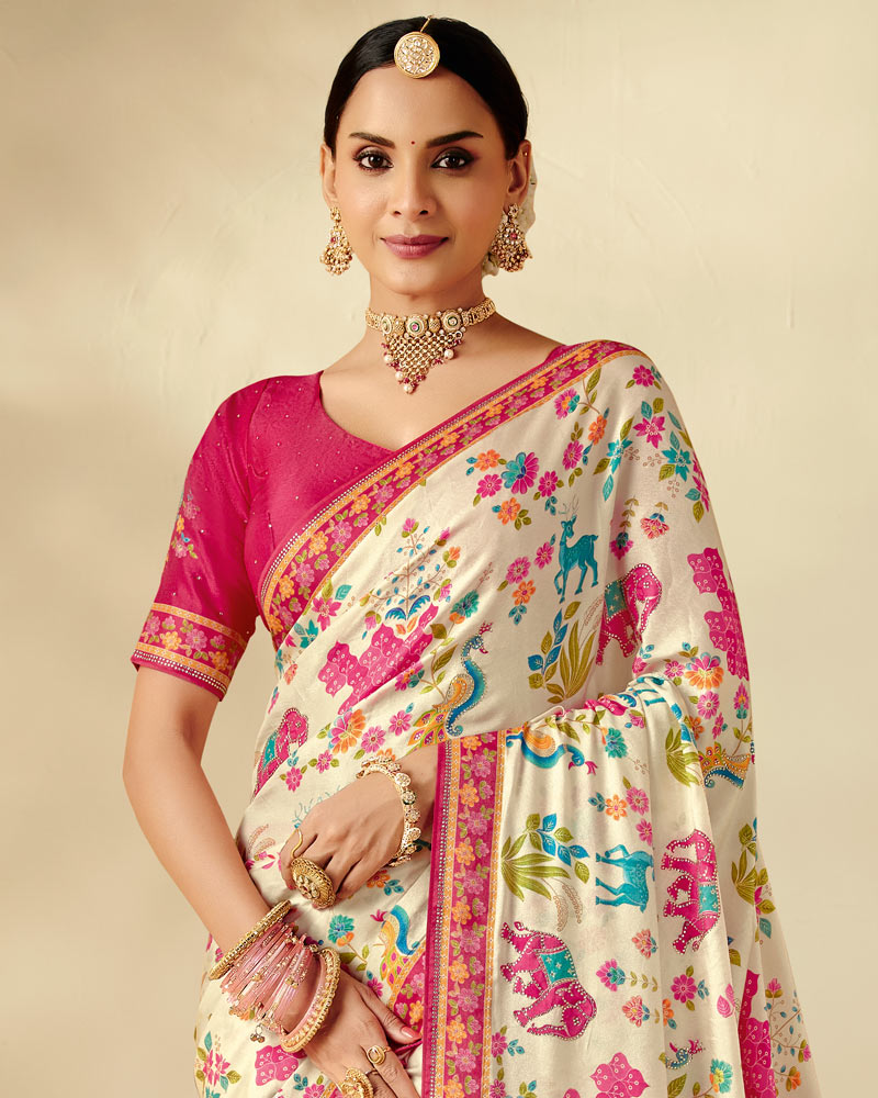 Vishal Prints Cream-White Designer Soft Silk Traditional Print Saree With Diamond Work And Core Piping