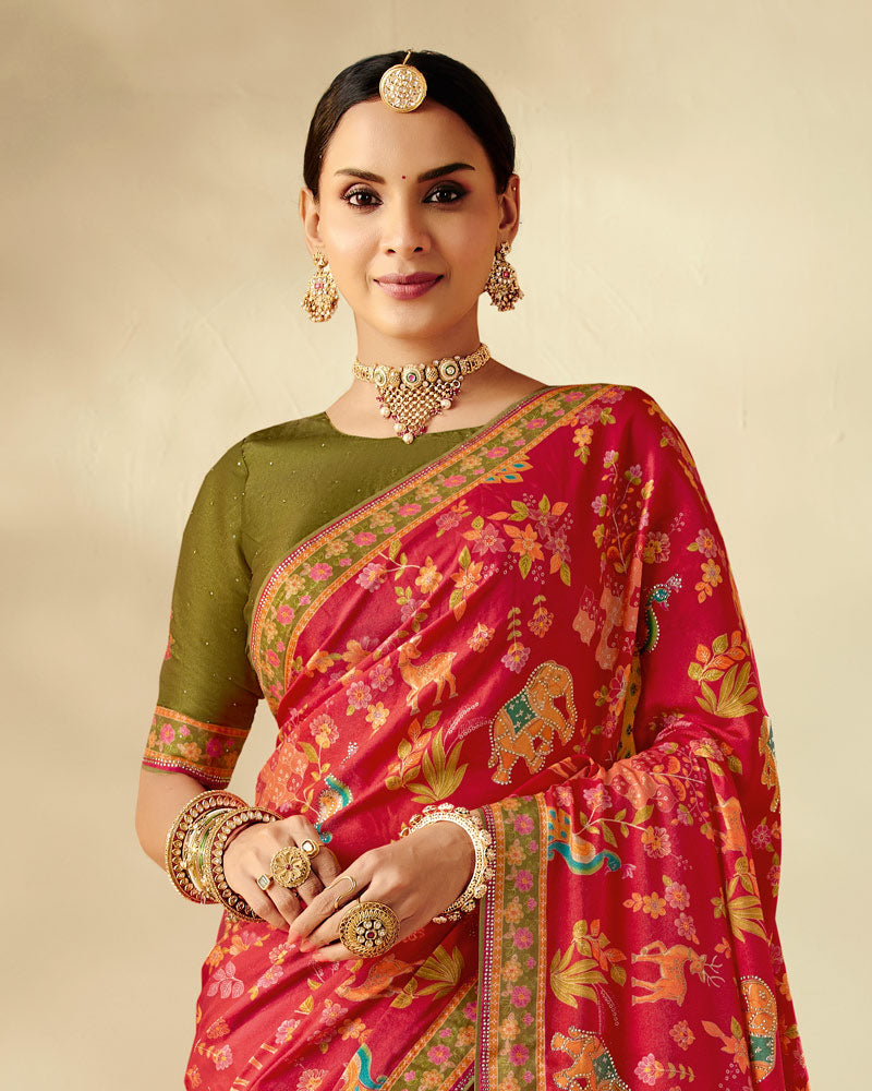 Vishal Prints Persian Red Designer Soft Silk Traditional Print Saree With Diamond Work And Core Piping