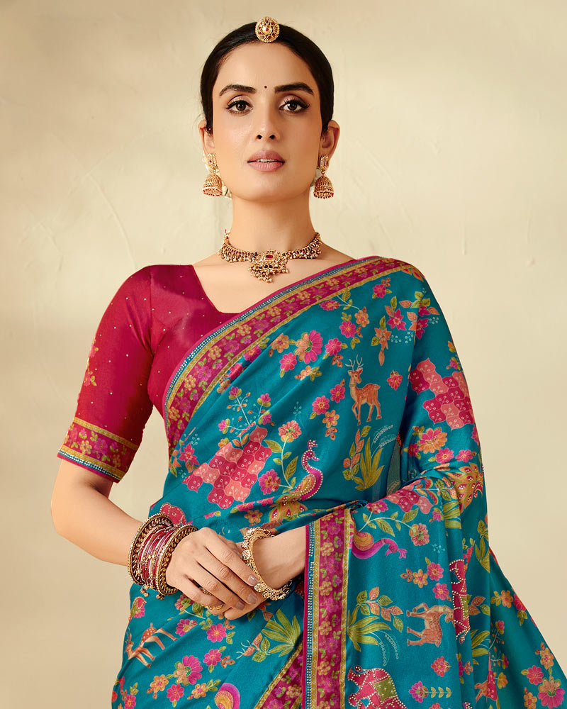 Vishal Prints Peacock Blue Designer Soft Silk Traditional Print Saree With Diamond Work And Core Piping