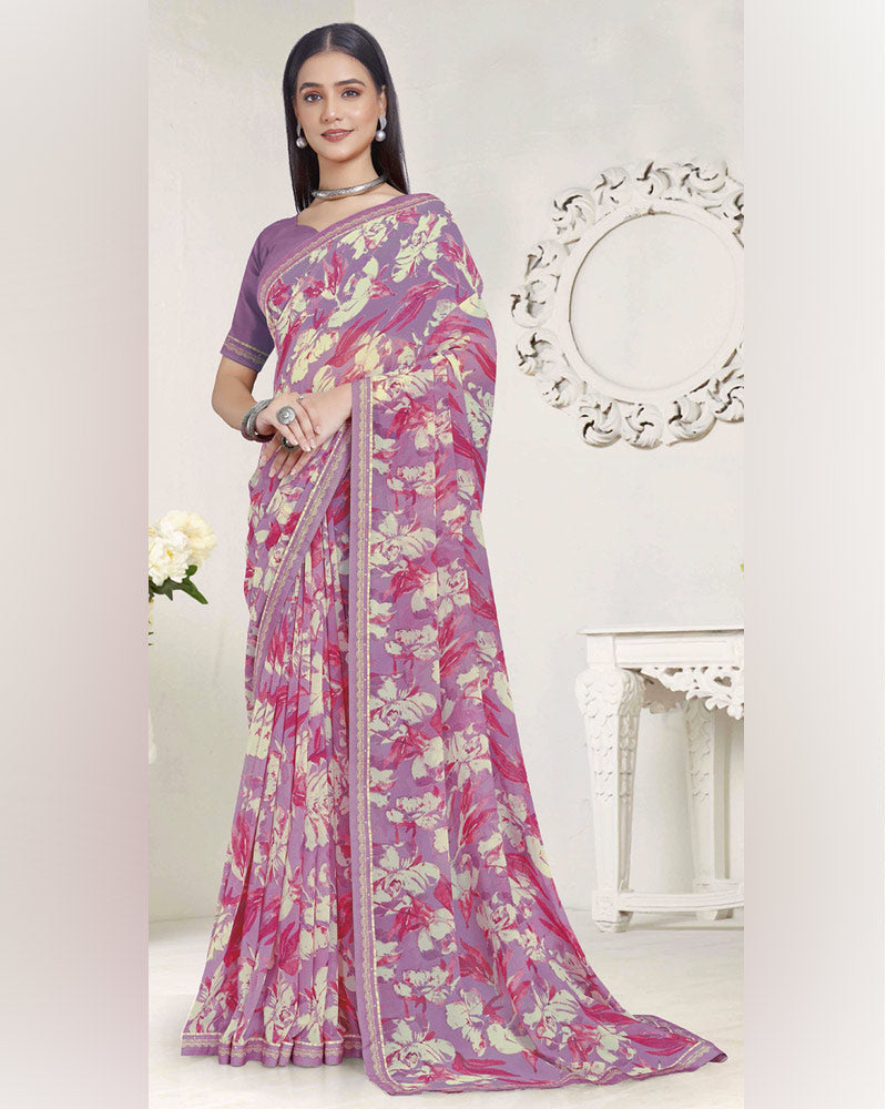 Vishal Prints Dusty Lavender Printed Georgette Saree With Fancy Border
