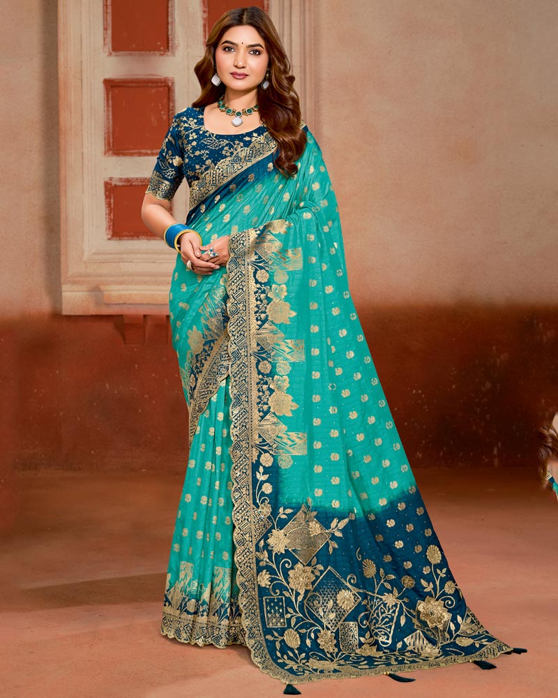 Vishal Prints Persian Green Designer Satin-Silk Saree With Zari Weaving And Diamond Work With Tassel