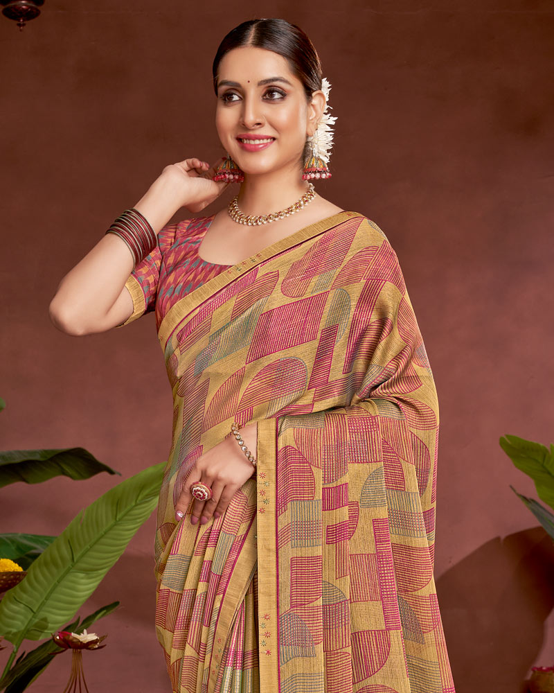 Vishal Prints Fawn Printed Fancy Chiffon Saree With Border