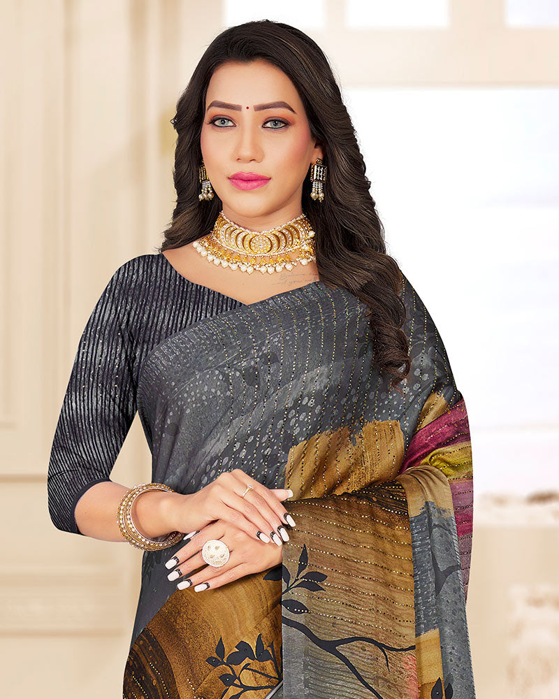 Vishal Prints Dark Grey Digital Print Satin Saree With Stone Diamond Work And Core Piping