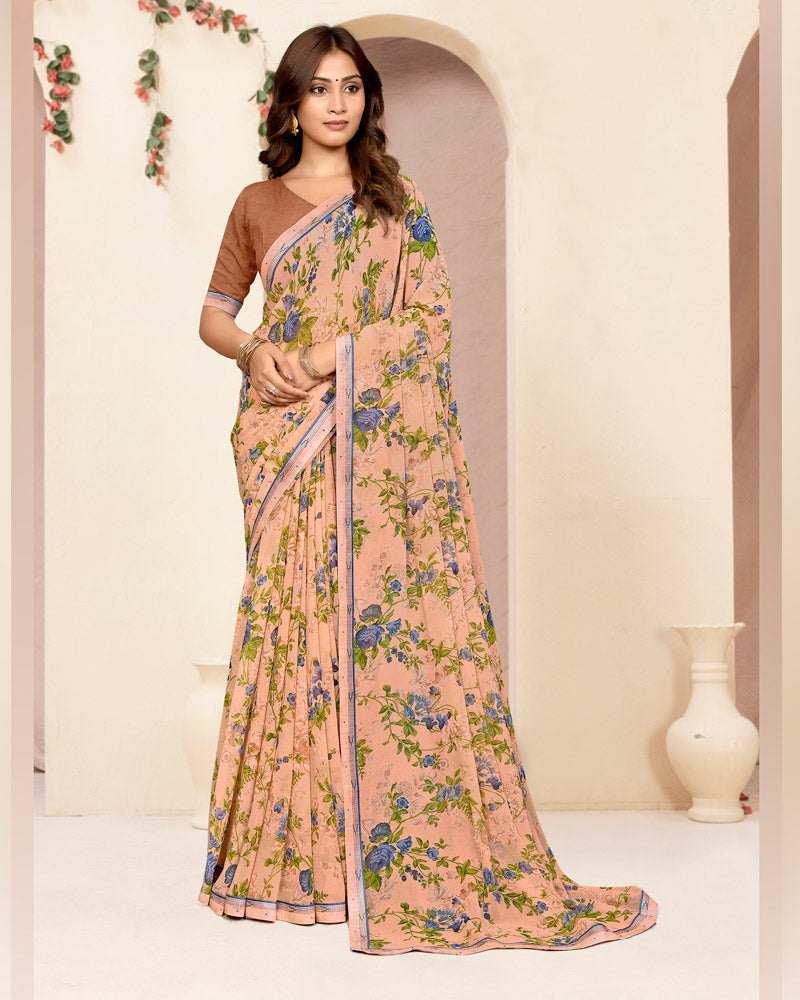 Vishal Prints Light Salmon Orange Printed Georgette Saree With Fancy Border