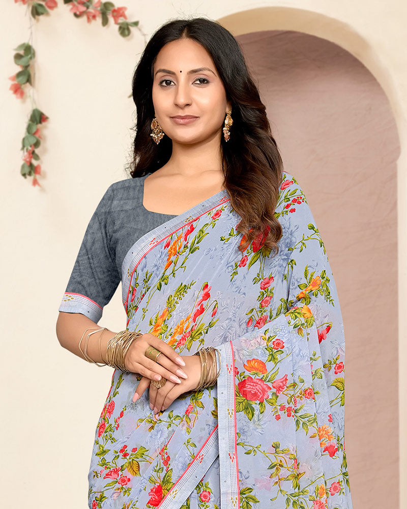 Vishal Prints Light Greyish Blue Printed Georgette Saree With Fancy Border