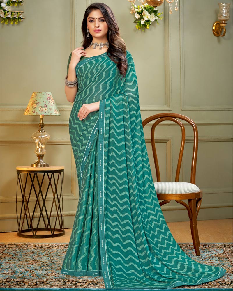 Women's Pure Crepe Teal blue Printed Designer Saree With Blouse Piece