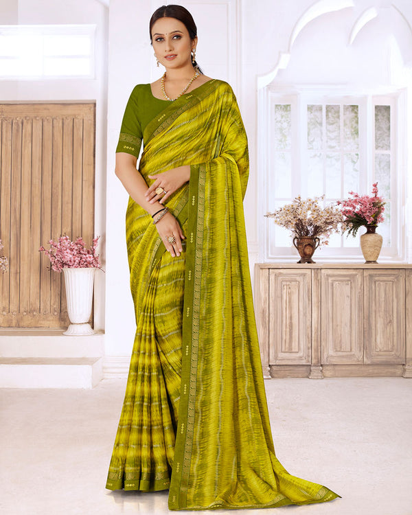Vishal Prints Mehandi Green Printed Chiffon Saree With Foil Print And Fancy Border