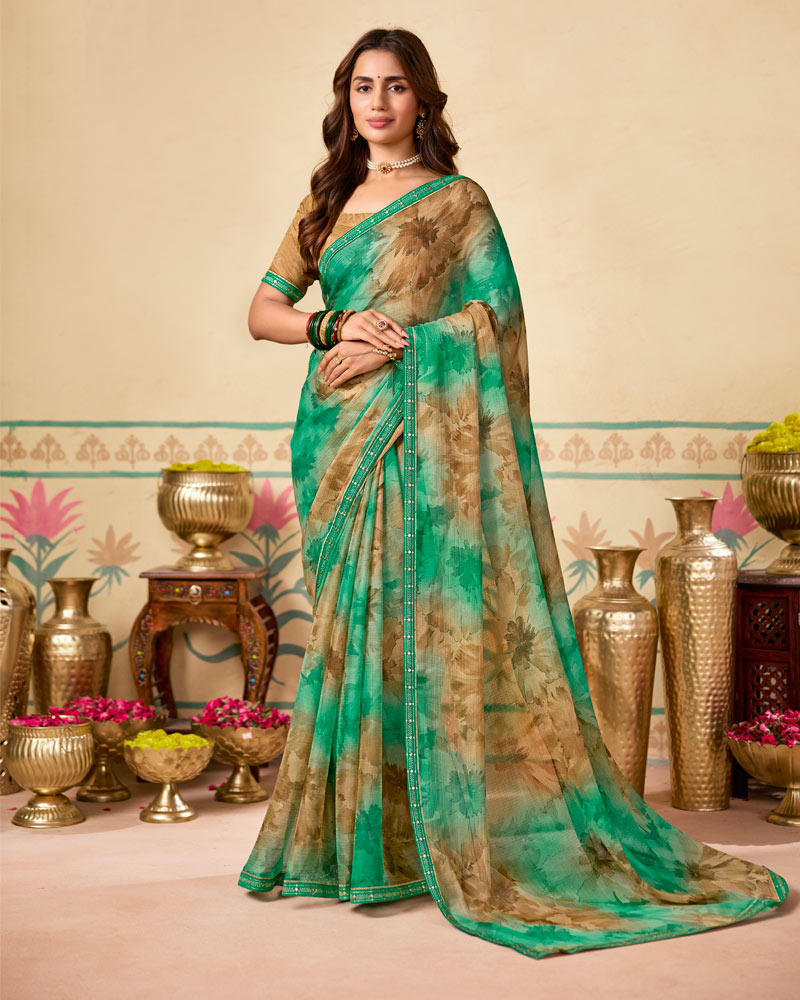 Vishal Prints Light Sea Green Printed Chiffon Saree With Fancy Embroidery Border