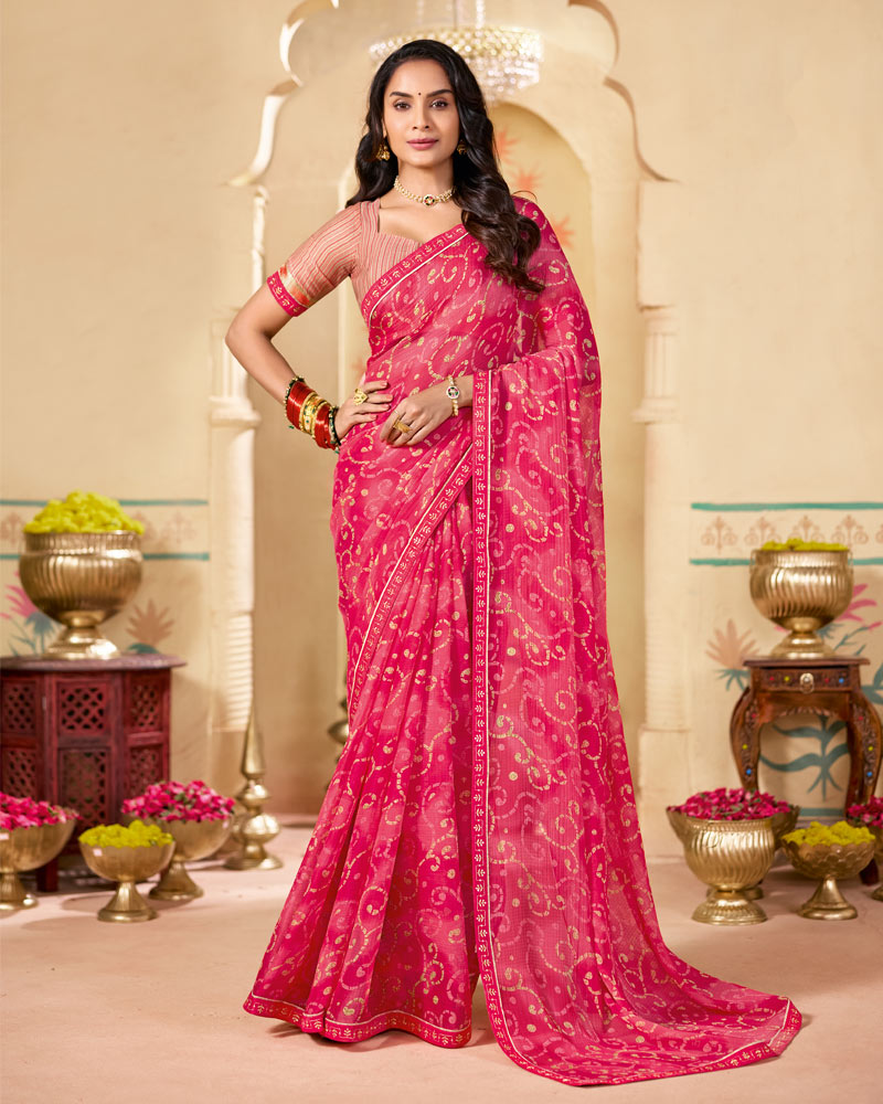 Vishal Prints Watermelon Pink Printed Chiffon Traditional Print Saree With Fancy Embroidery Border