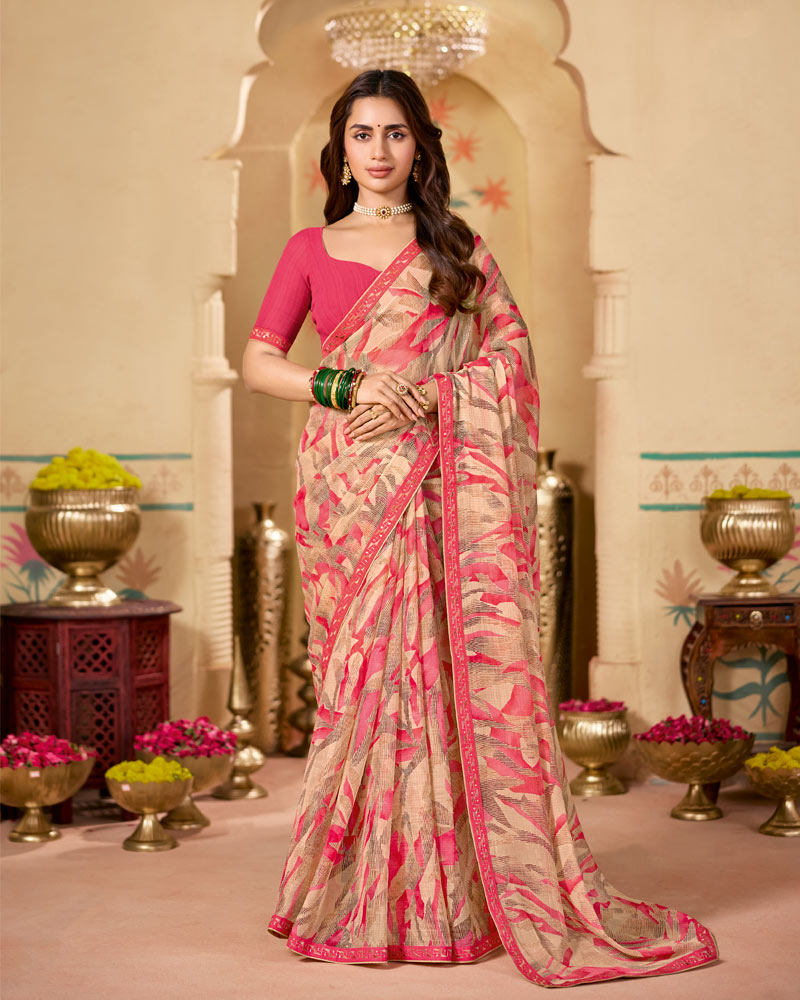 Vishal Prints Peachy Orange Printed Chiffon Saree With Fancy Embroidery Border
