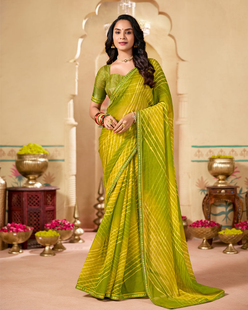 Vishal Prints Olive Yellow Printed Chiffon Saree With Fancy Embroidery Border