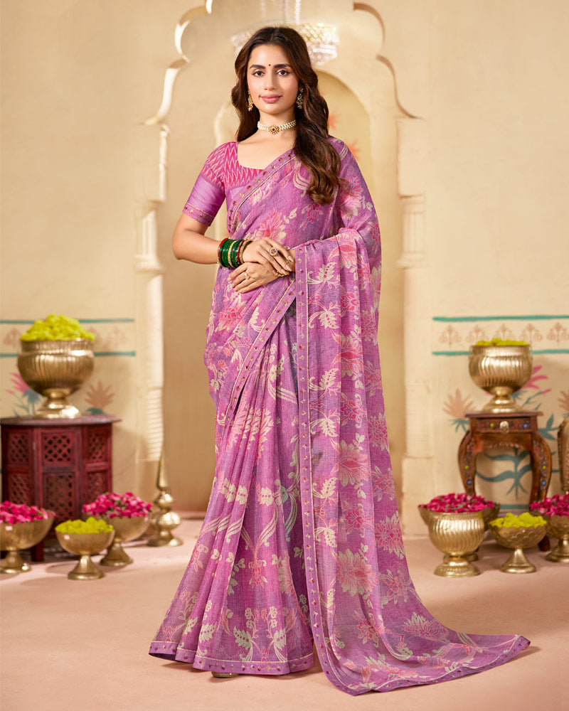 Vishal Prints Pastel Magenta Printed Chiffon Saree With Fancy Embroidery Border