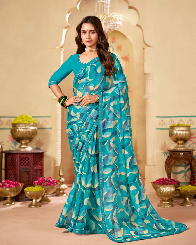 Vishal Prints Pacific Blue Printed Chiffon Saree With Fancy Embroidery Border