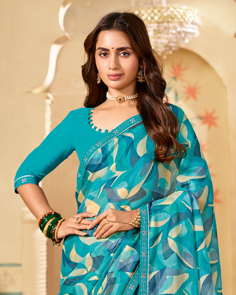 Vishal Prints Pacific Blue Printed Chiffon Saree With Fancy Embroidery Border
