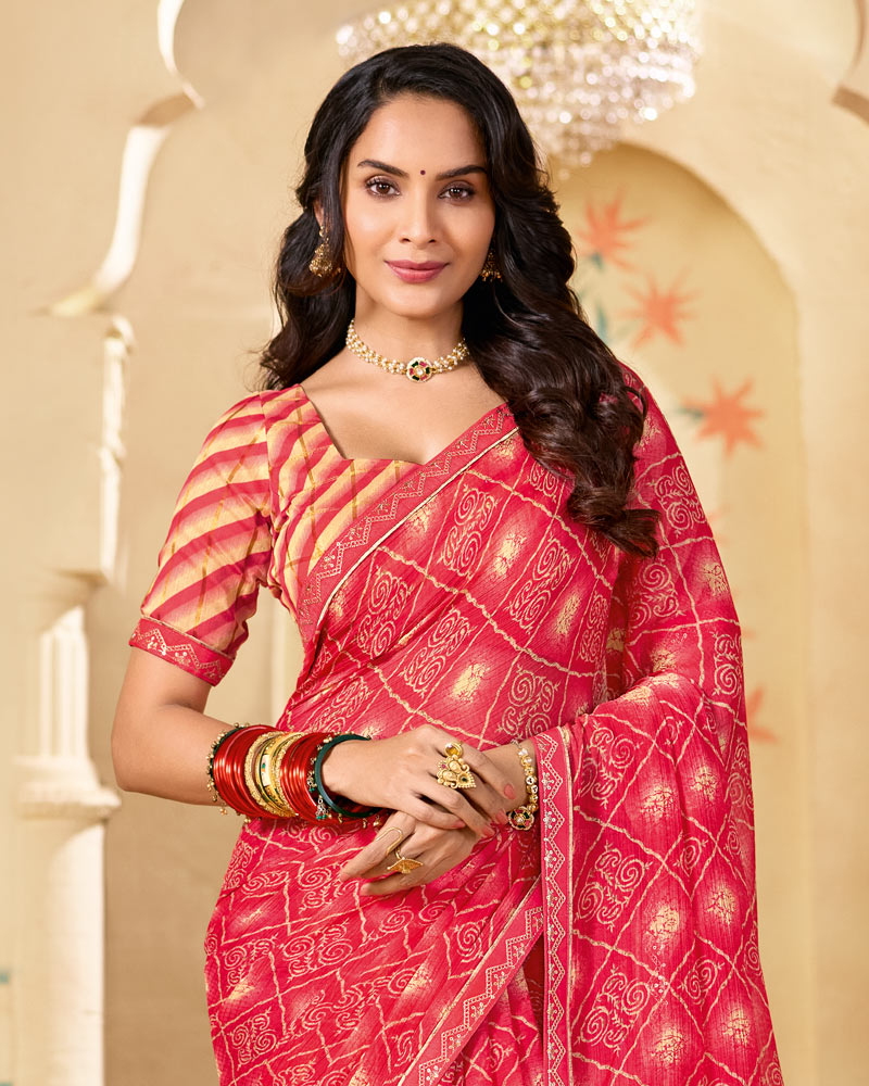 Vishal Prints Watermelon Pink Printed Chiffon Saree With Fancy Embroidery Border