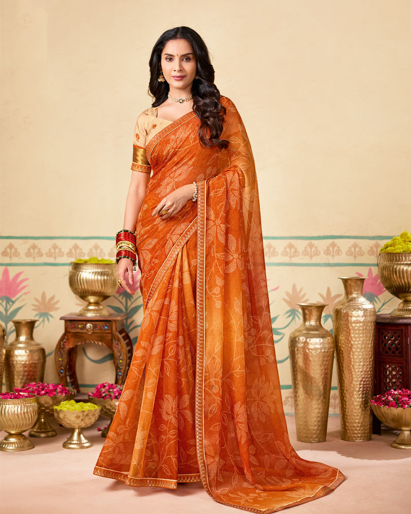 Vishal Prints Flame Orange Printed Chiffon Traditional Print Saree With Fancy Embroidery Border