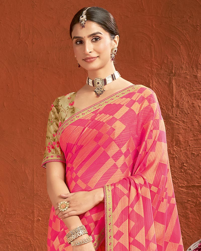 Vishal Prints Raspberry Pink Designer Fancy Chiffon-Brasso Saree With Fancy Border