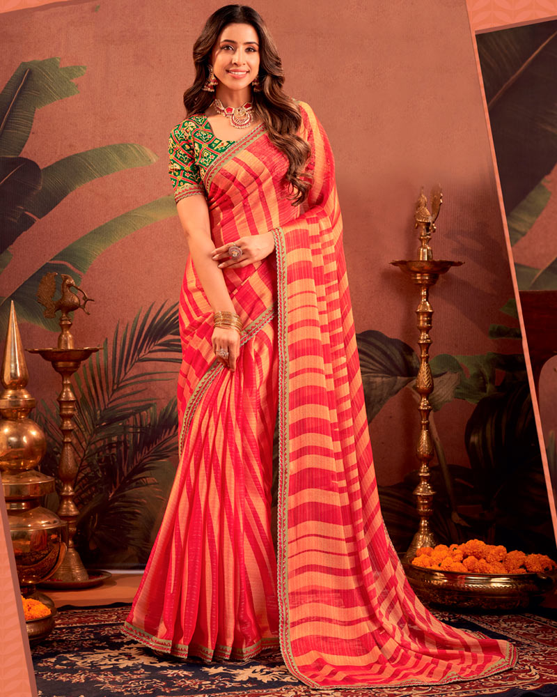 Vishal Prints Pastel Red Designer Chiffon-Brasso Traditional Print Saree With Fancy Embroidery Border