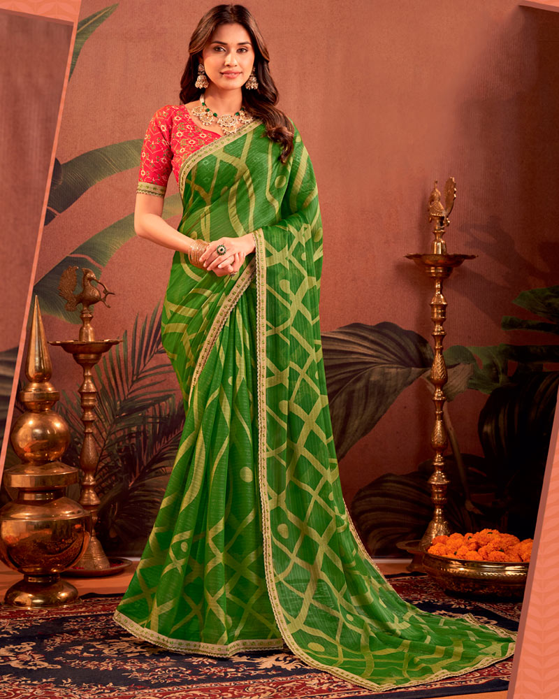 Vishal Prints Fern Green Designer Chiffon-Brasso Traditional Print Saree With Fancy Embroidery Border