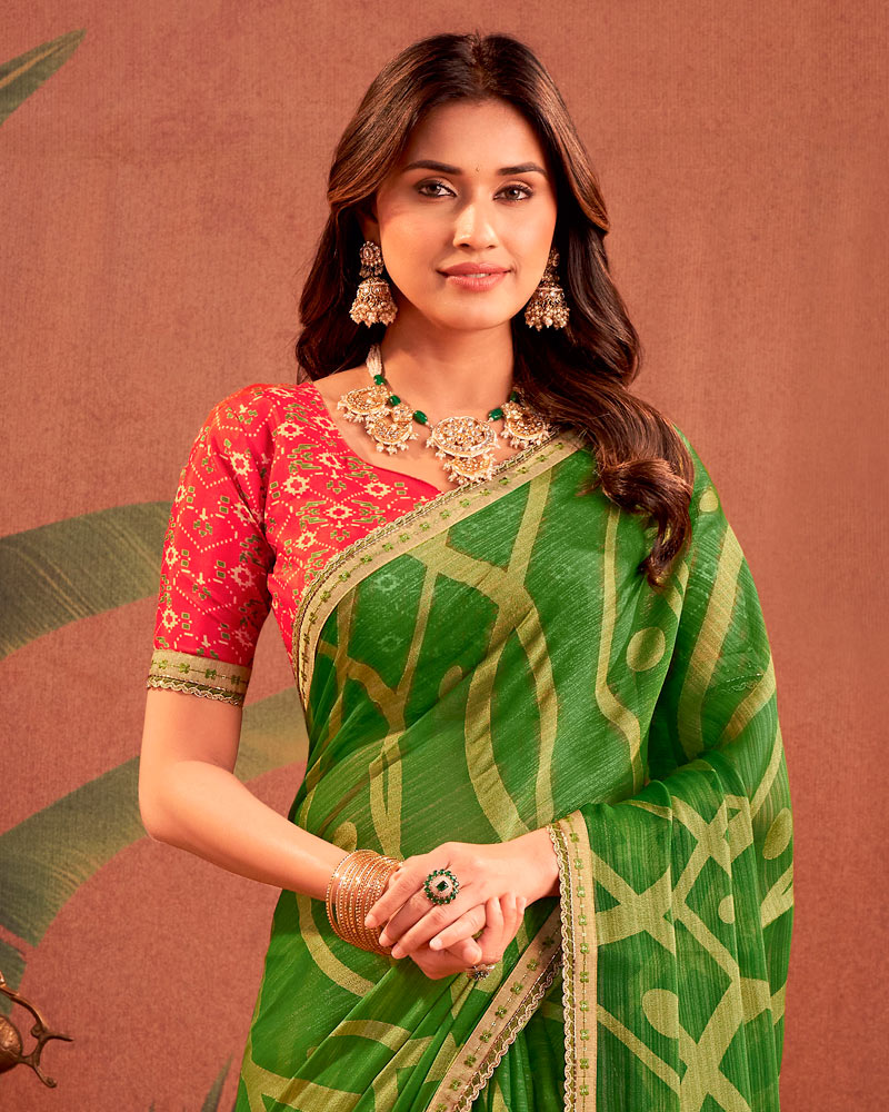 Vishal Prints Fern Green Designer Chiffon-Brasso Traditional Print Saree With Fancy Embroidery Border