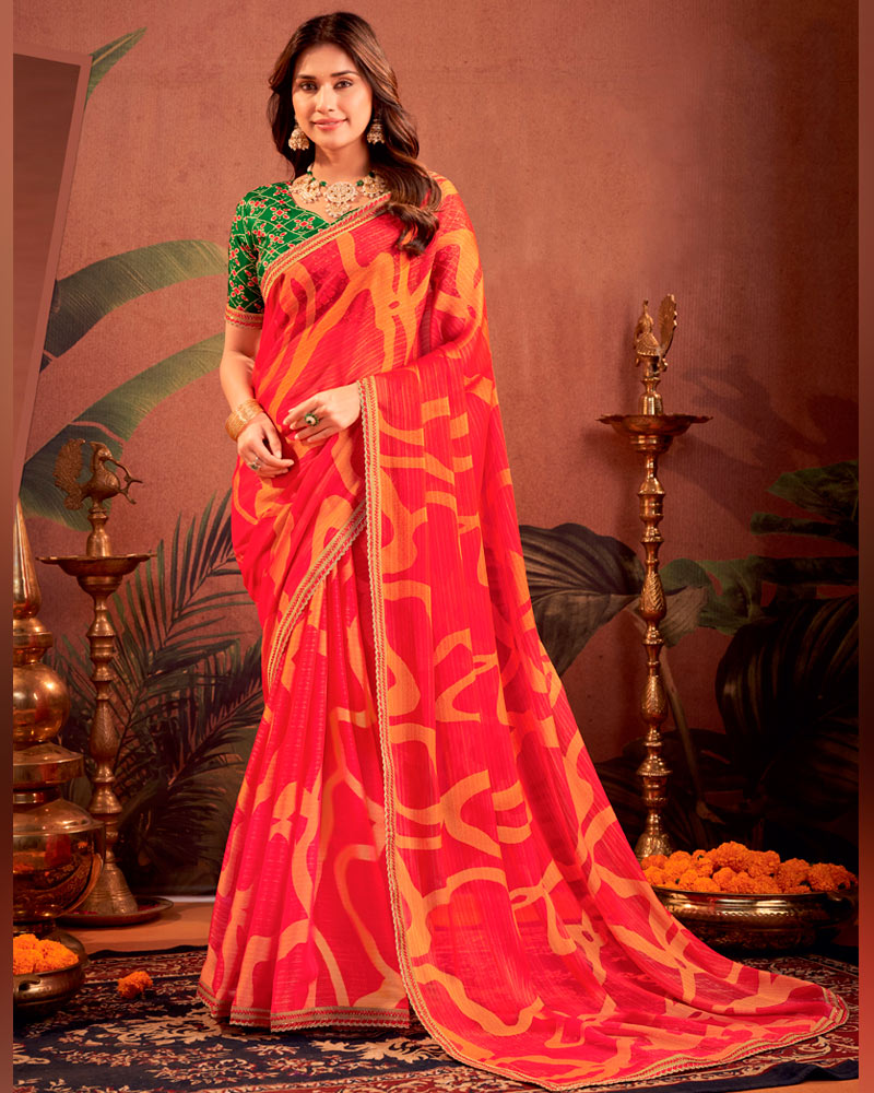 Vishal Prints Lava Red Designer Chiffon-Brasso Traditional Print Saree With Fancy Embroidery Border