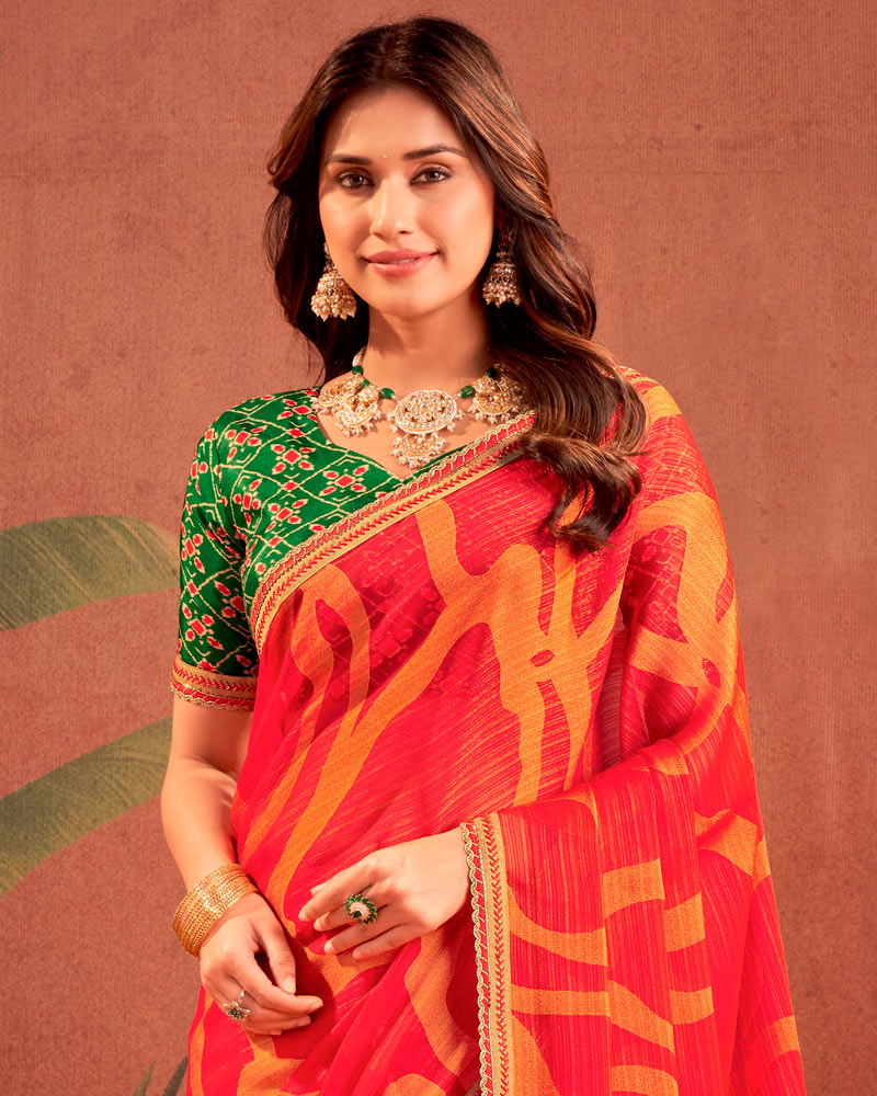 Vishal Prints Lava Red Designer Chiffon-Brasso Traditional Print Saree With Fancy Embroidery Border