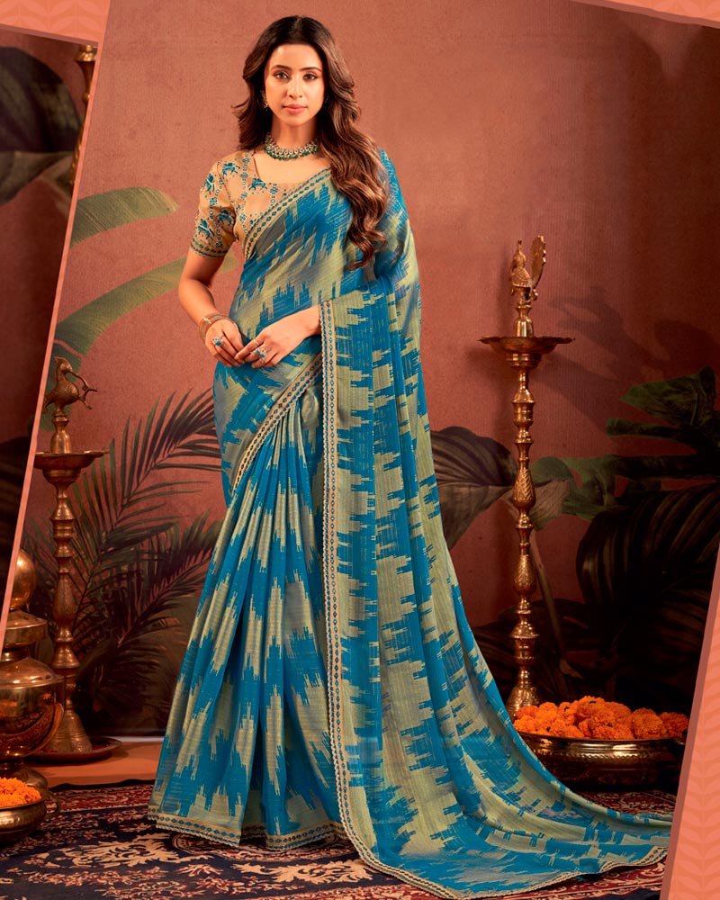 Vishal Prints Kashmir Blue Designer Chiffon-Brasso Traditional Print Saree With Fancy Embroidery Border