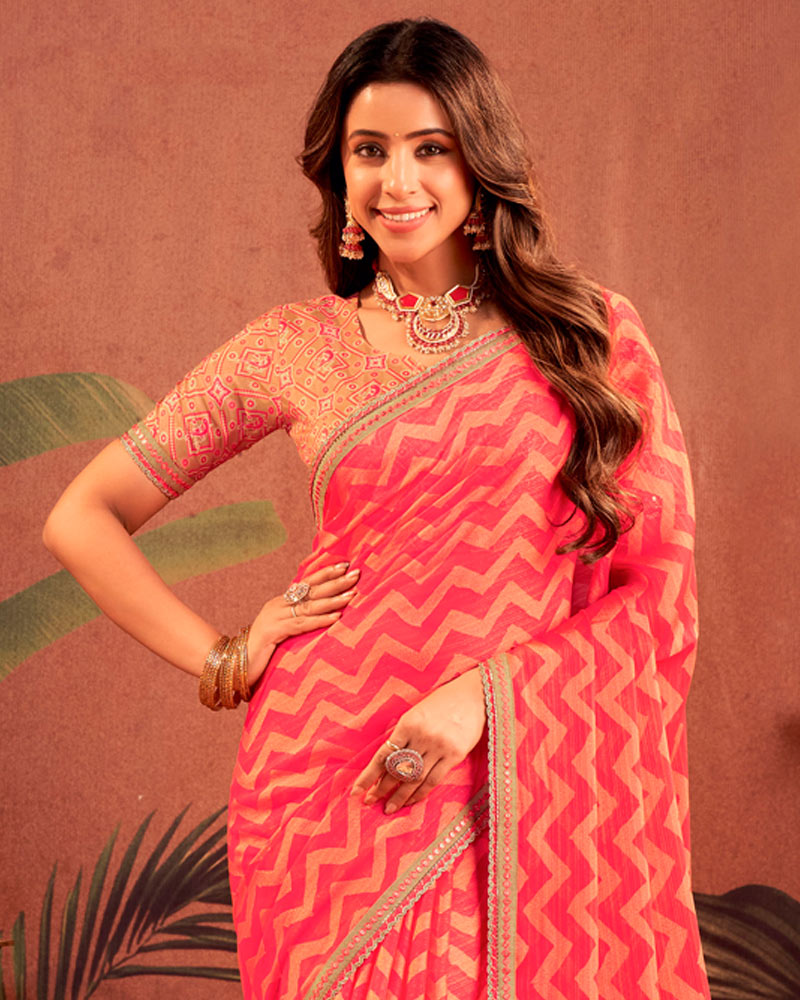 Vishal Prints Deep Carmine Pink Designer Chiffon-Brasso Traditional Print Saree With Fancy Embroidery Border