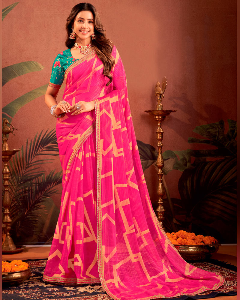 Vishal Prints Dark Hot Pink Designer Chiffon-Brasso Traditional Print Saree With Fancy Embroidery Border