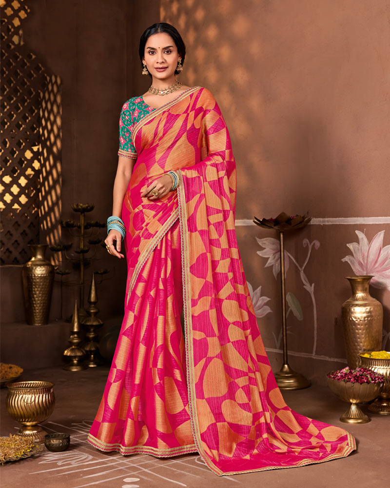 Vishal Prints Deep Rani Designer Chiffon-Brasso Saree With Fancy Border
