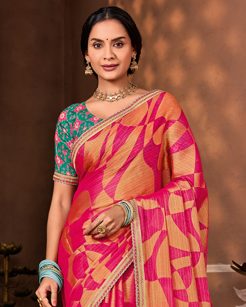 Vishal Prints Deep Rani Designer Chiffon-Brasso Saree With Fancy Border