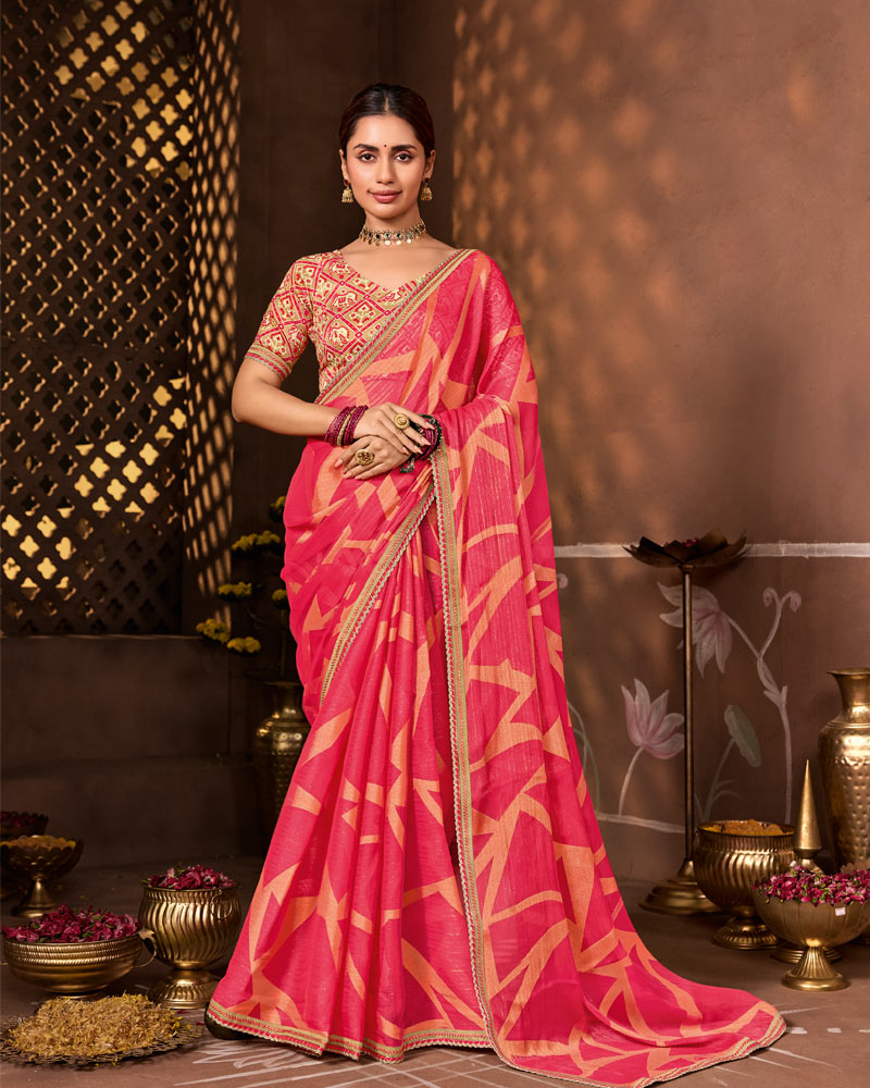 Vishal Prints Fuchsia Pink Designer Chiffon-Brasso Saree With Fancy Border