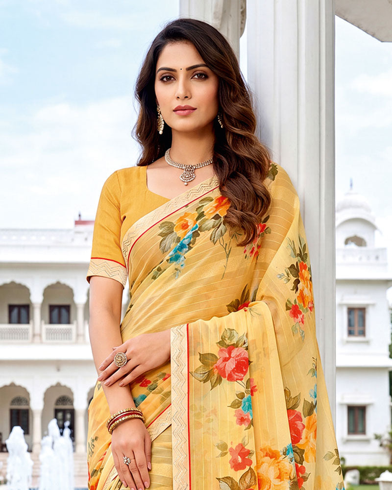 Vishal Prints Light Yellow Fancy Chiffon Digital Print Saree With Embroidery Border