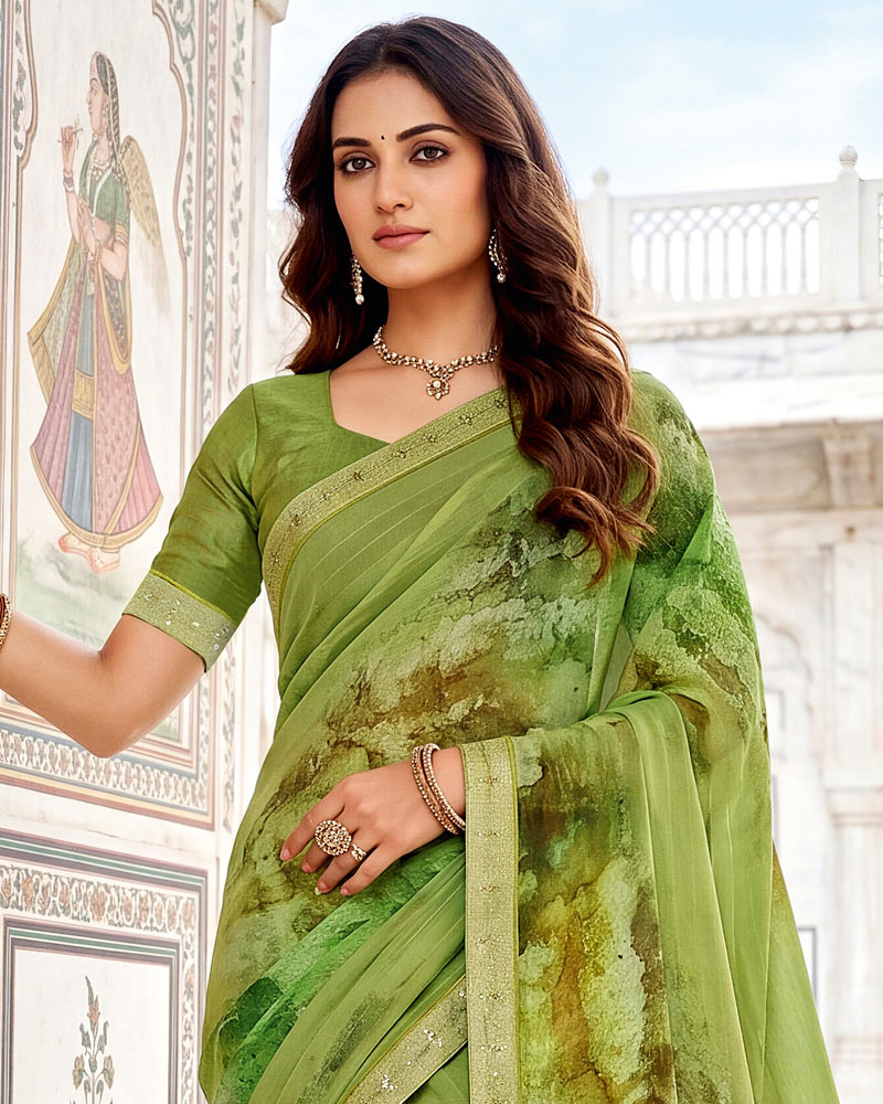 Vishal Prints Moss Green Fancy Chiffon Digital Print Saree With Embroidery Border