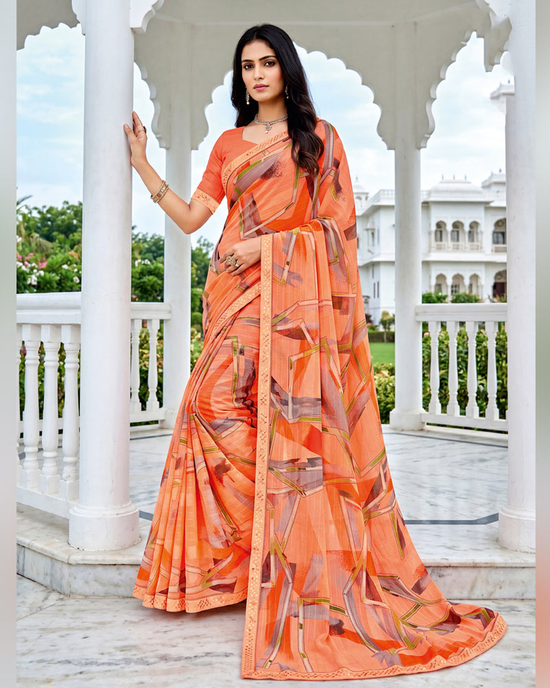 Vishal Prints Orange Brown Fancy Chiffon Digital Print Saree With Embroidery Border