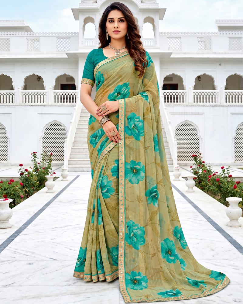 Vishal Prints Light Dusty Beige Fancy Chiffon Digital Print Saree With Embroidery Border