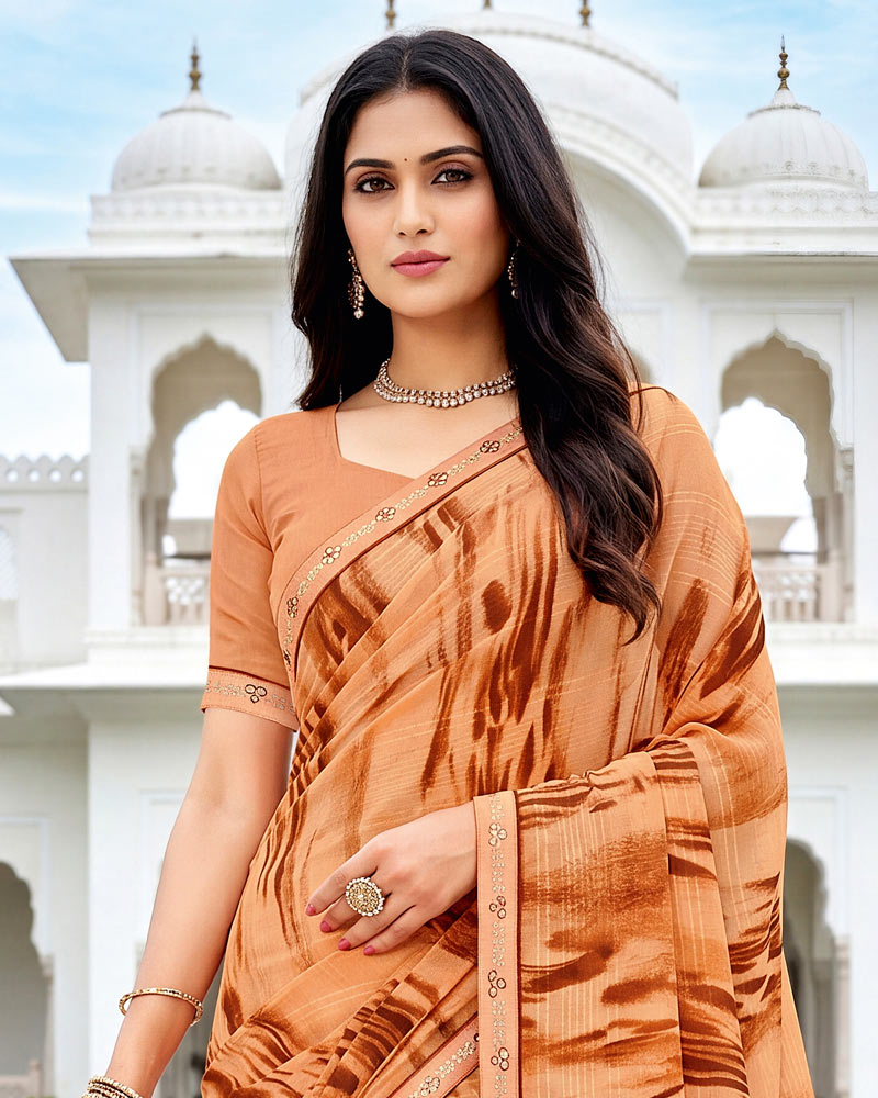 Vishal Prints Pale Orange Fancy Chiffon Digital Print Saree With Embroidery Border