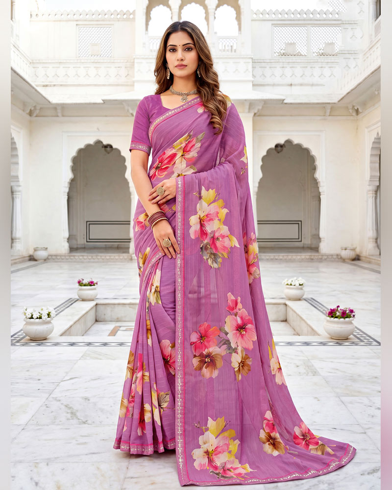 Vishal Prints Purple Fancy Chiffon Digital Print Saree With Embroidery Border