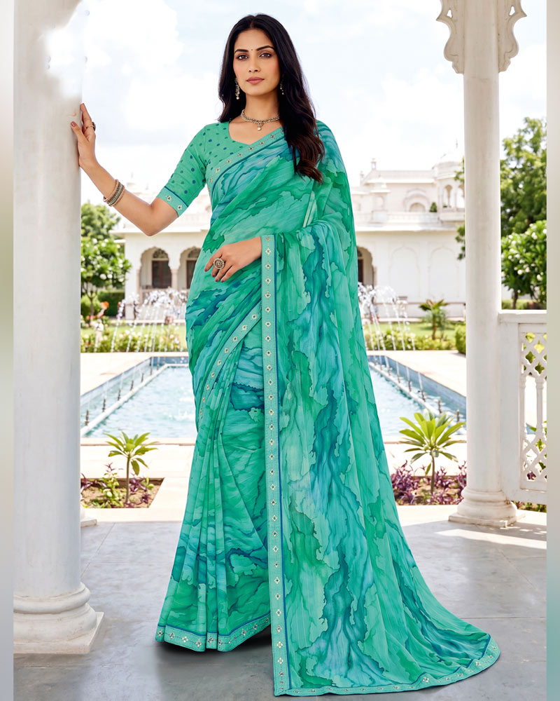 Vishal Prints Teal Green Fancy Chiffon Digital Print Saree With Embroidery Border