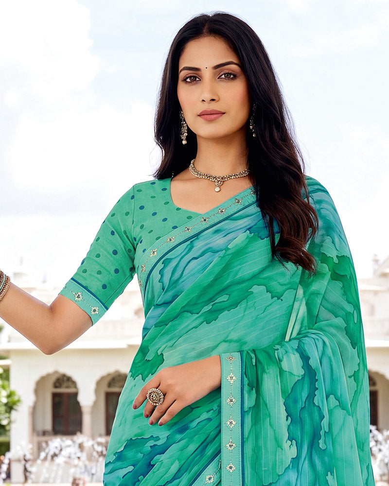 Vishal Prints Teal Green Fancy Chiffon Digital Print Saree With Embroidery Border