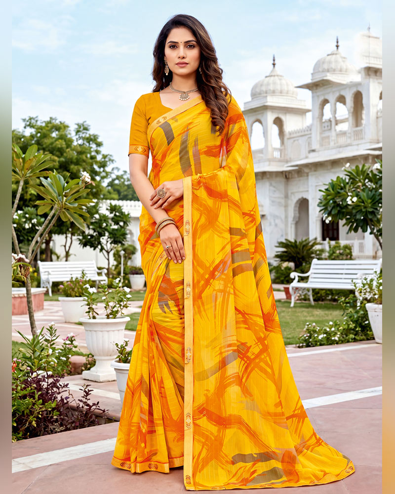 Vishal Prints Bright Yellow Fancy Chiffon Digital Print Saree With Embroidery Border