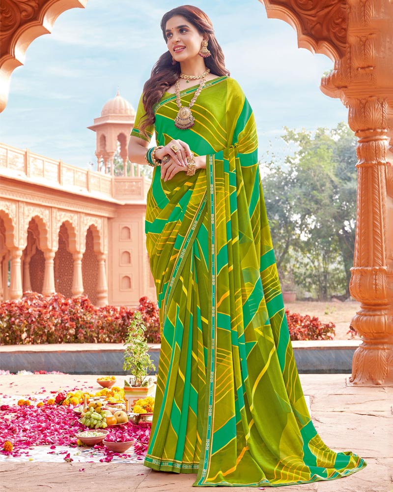 Vishal Prints Olive Green Printed Georgette Saree With Fancy Border