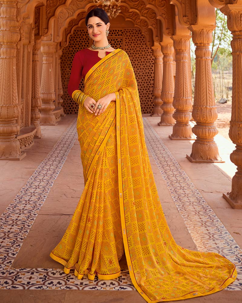 Vishal Prints Chrome Yellow Printed Chiffon Saree With Fancy Border