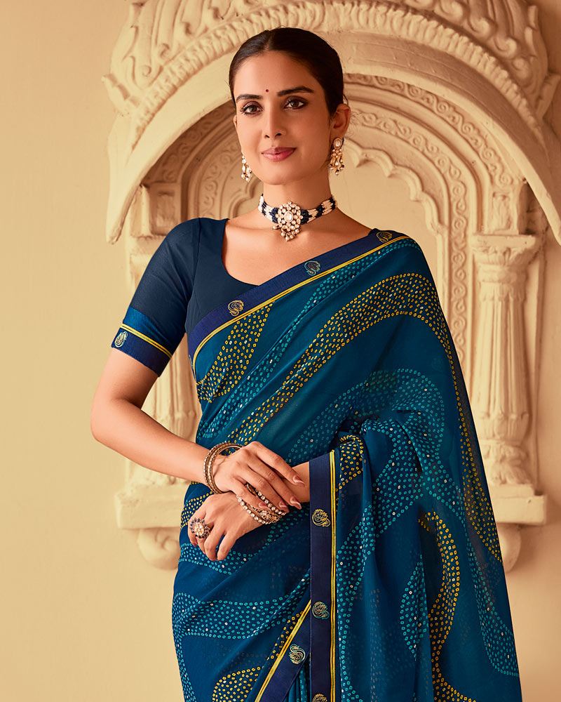 Vishal Prints Prussian Blue Printed Georgette Saree With Fancy Border