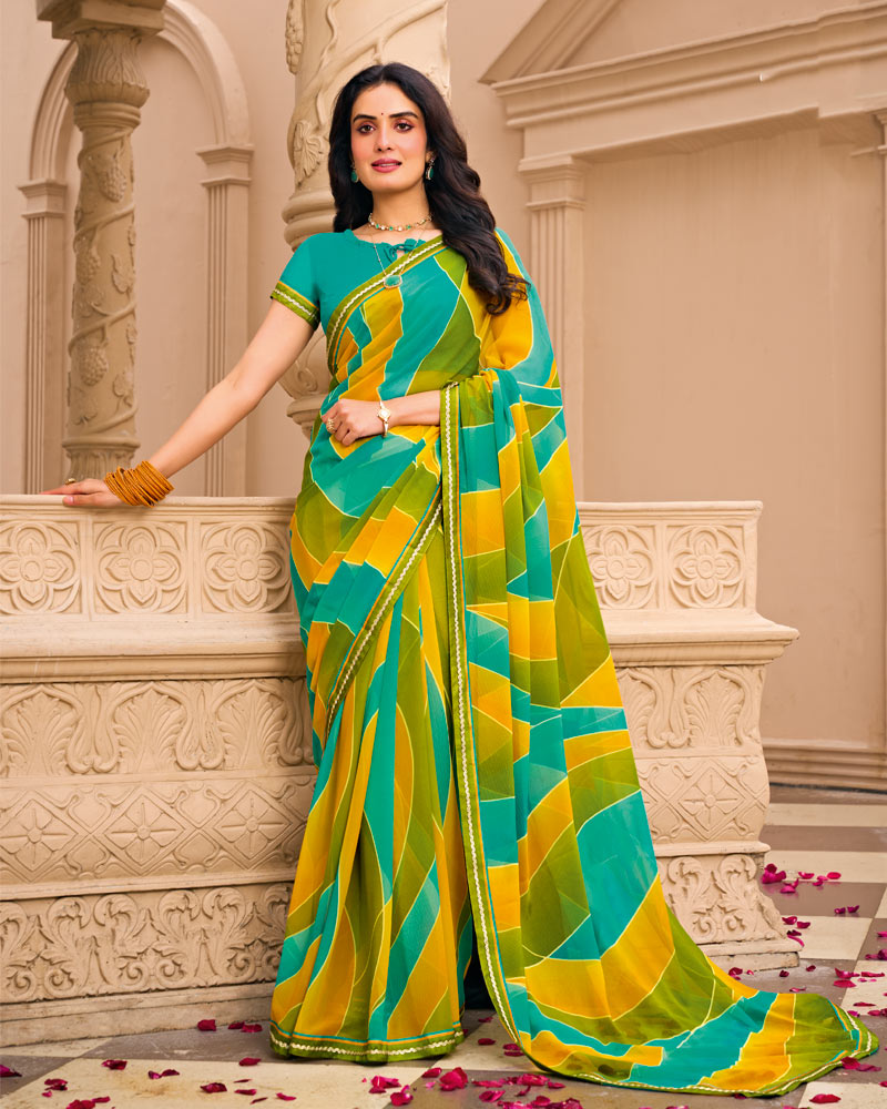 Vishal Prints Lime Yellow And Green Printed Georgette Saree With Fancy Border