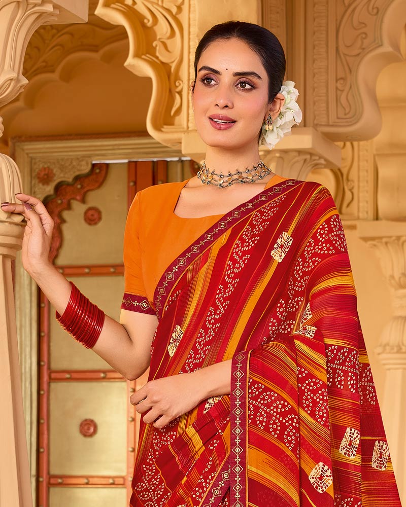 Vishal Prints Venetian Red Printed Georgette Saree With Fancy Embroidery Work Border